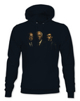 Black pullover hoodie with three men portrait graphic on the front