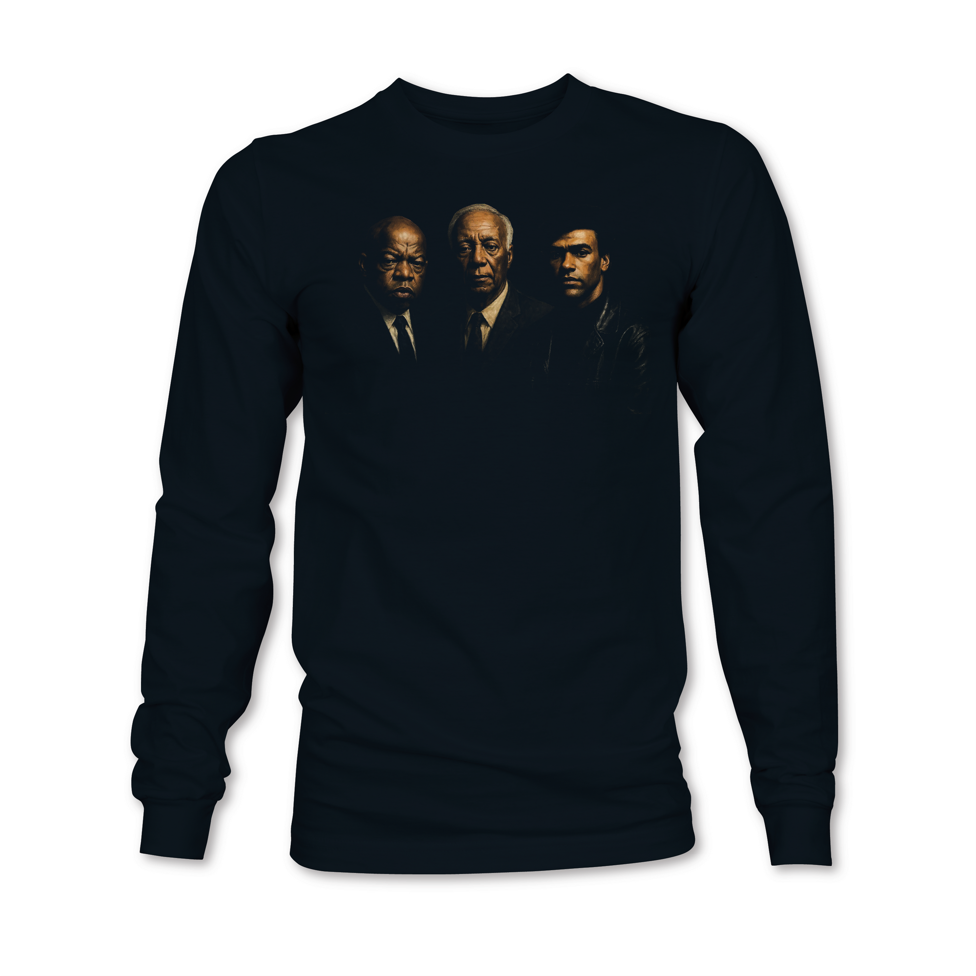 Black long-sleeve crewneck sweatshirt with three men portrait graphic on the chest