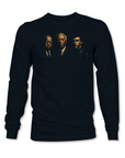 Black long-sleeve crewneck sweatshirt with three men portrait graphic on the chest