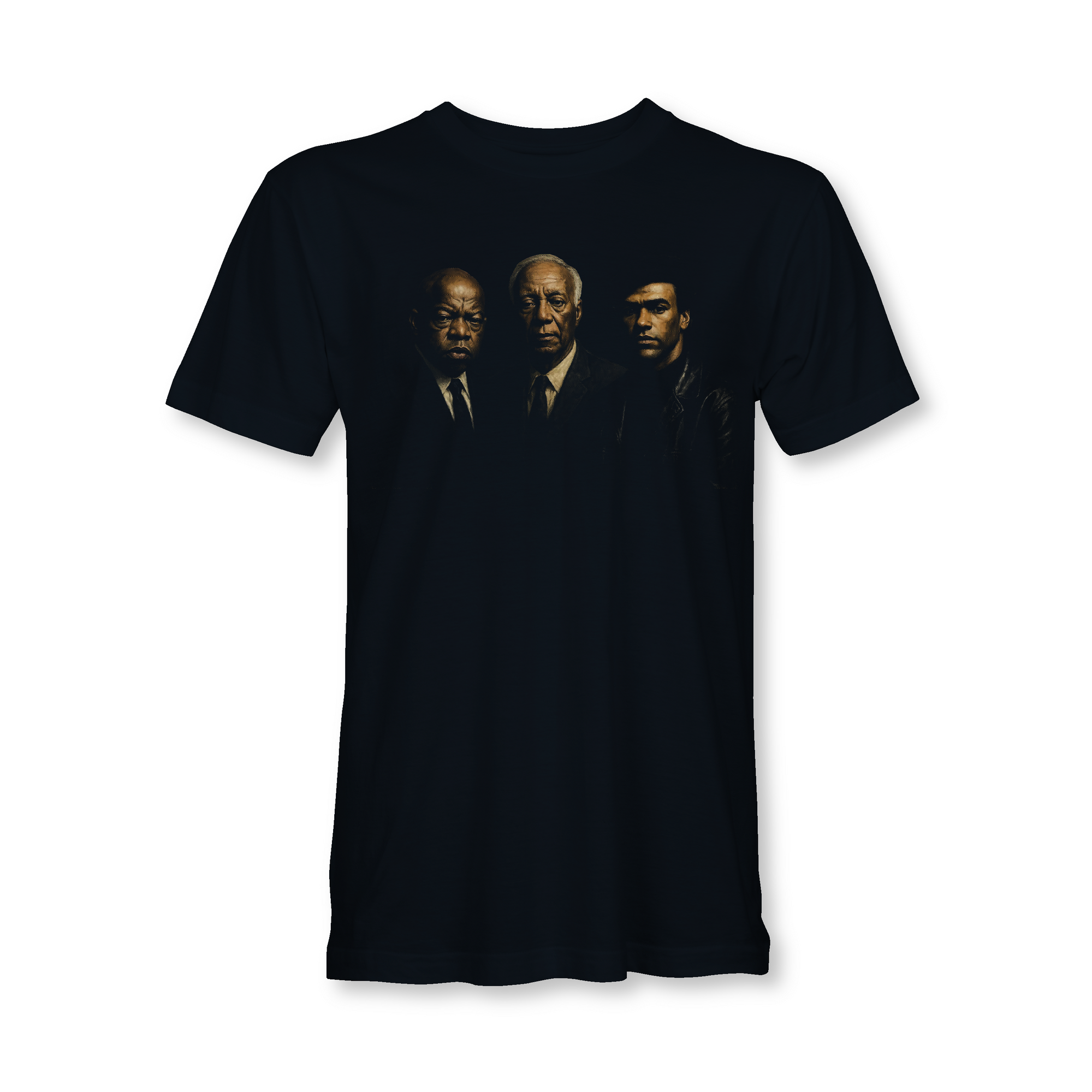 Black short-sleeve graphic T-shirt with three men portraits on the chest
