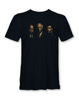 Black short-sleeve graphic T-shirt with three men portraits on the chest