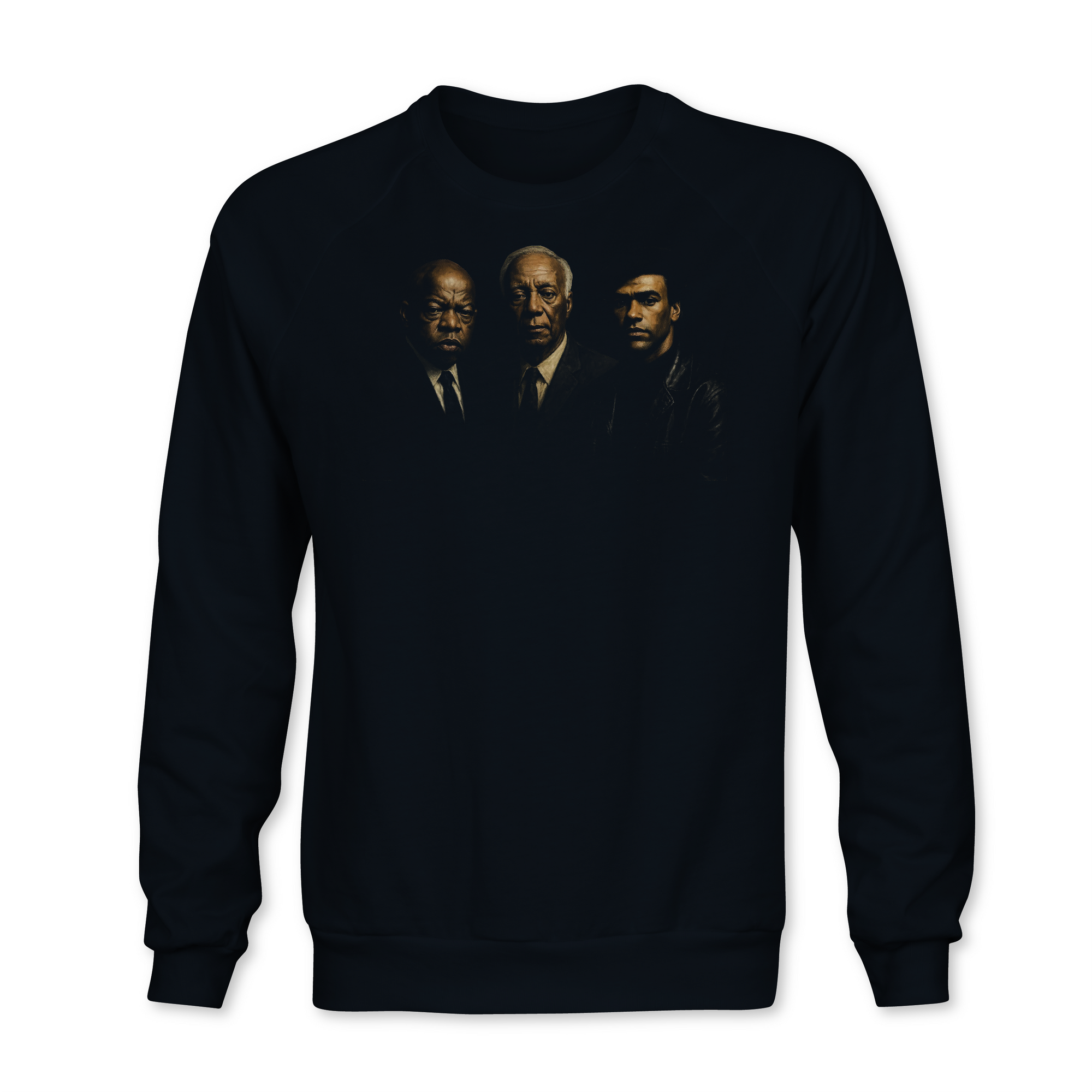 Black crewneck sweatshirt with three men portrait graphic on the back