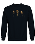 Black crewneck sweatshirt with three men portrait graphic on the back