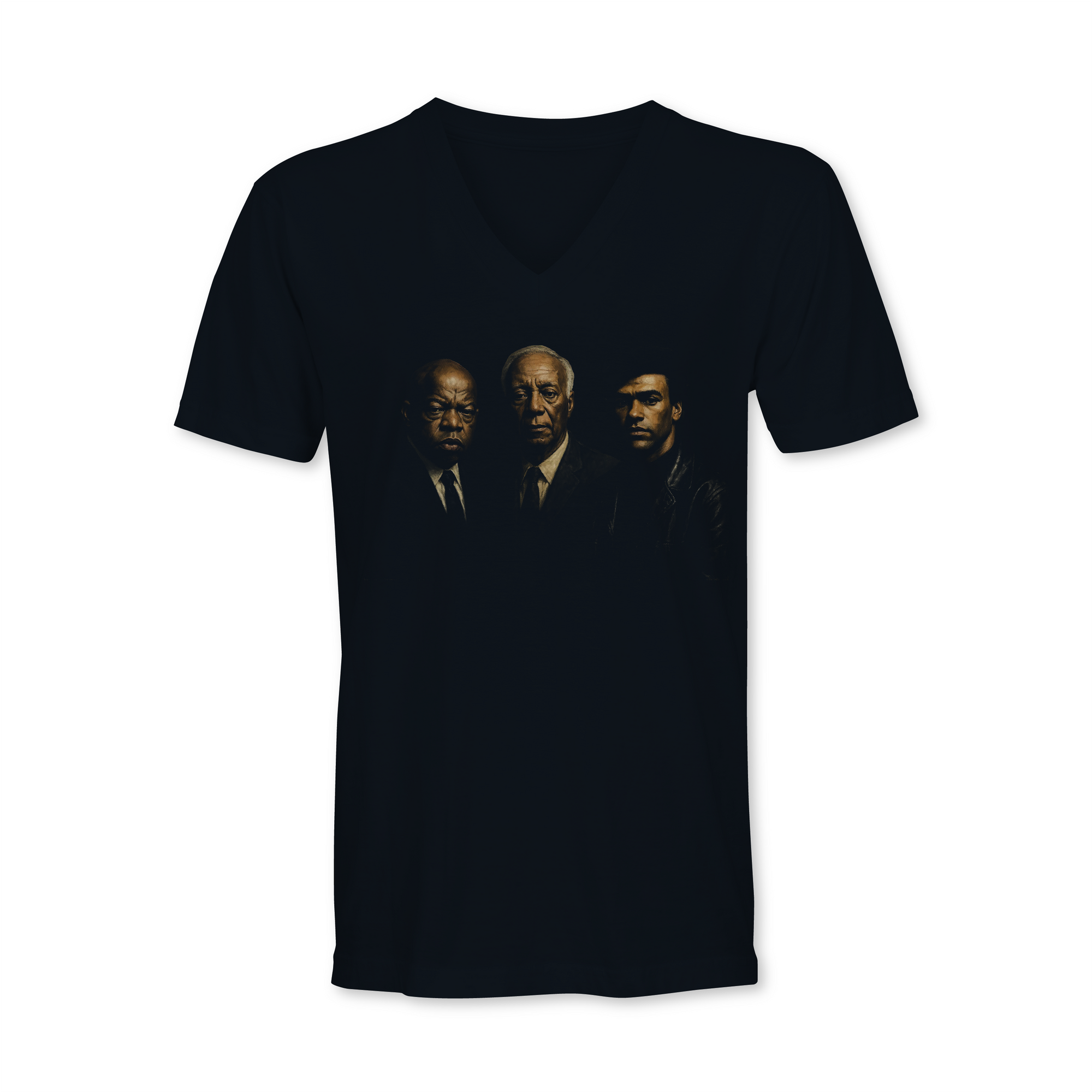 Black V-neck graphic T-shirt with three men portraits on the chest