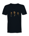 Black V-neck graphic T-shirt with three men portraits on the chest