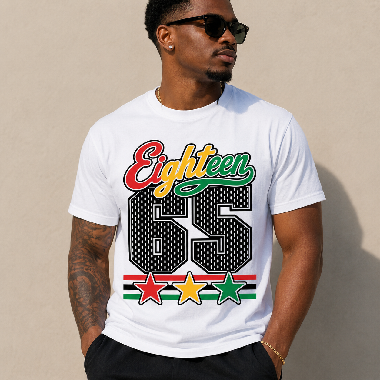 White Juneteenth graphic T-shirt with “Eighteen 65” lettering and stars