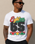 White Juneteenth graphic T-shirt with “Eighteen 65” lettering and stars
