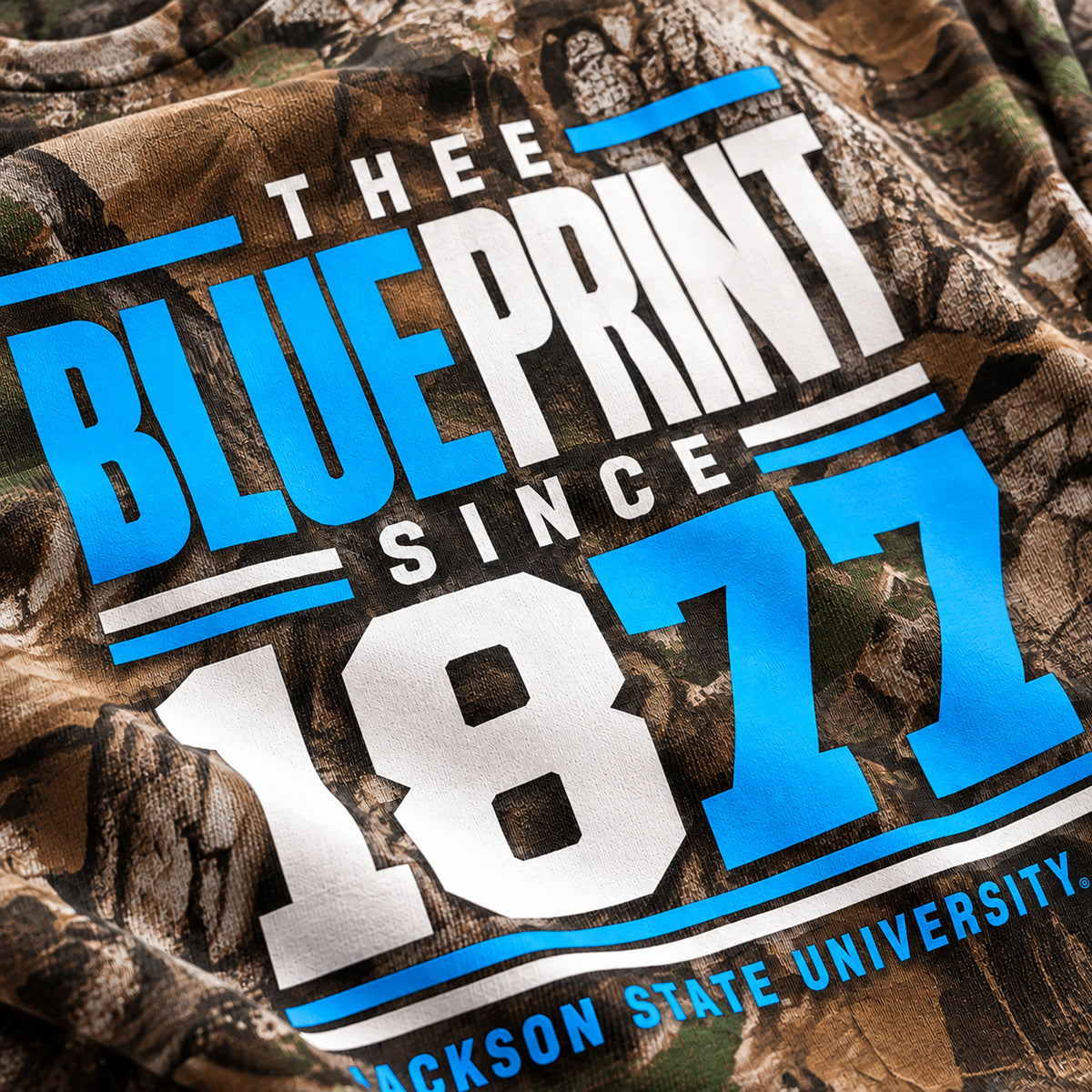 Jackson State Thee Blueprint Realtree APX Camo T-Shirt print detail