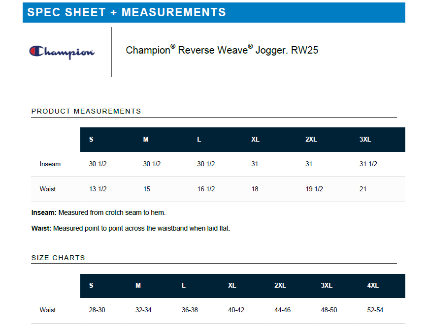 Champion Reverse Weave Jogger size chart with measurements.