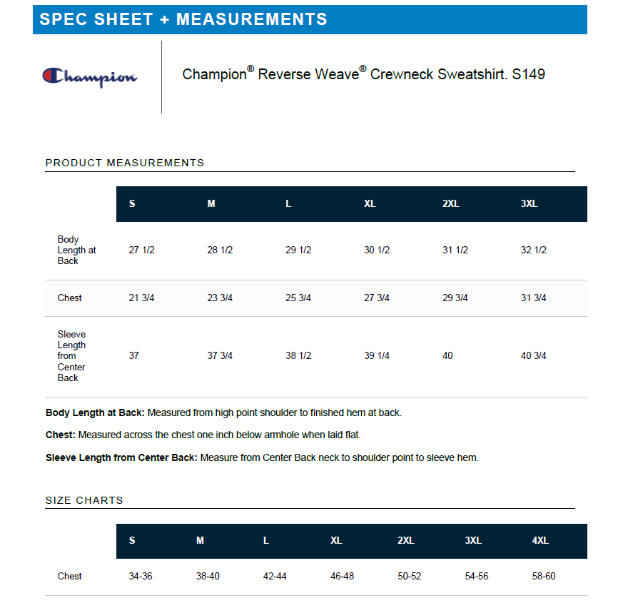 Champion Reverse Weave Crewneck Sweatshirt size chart with measurements.