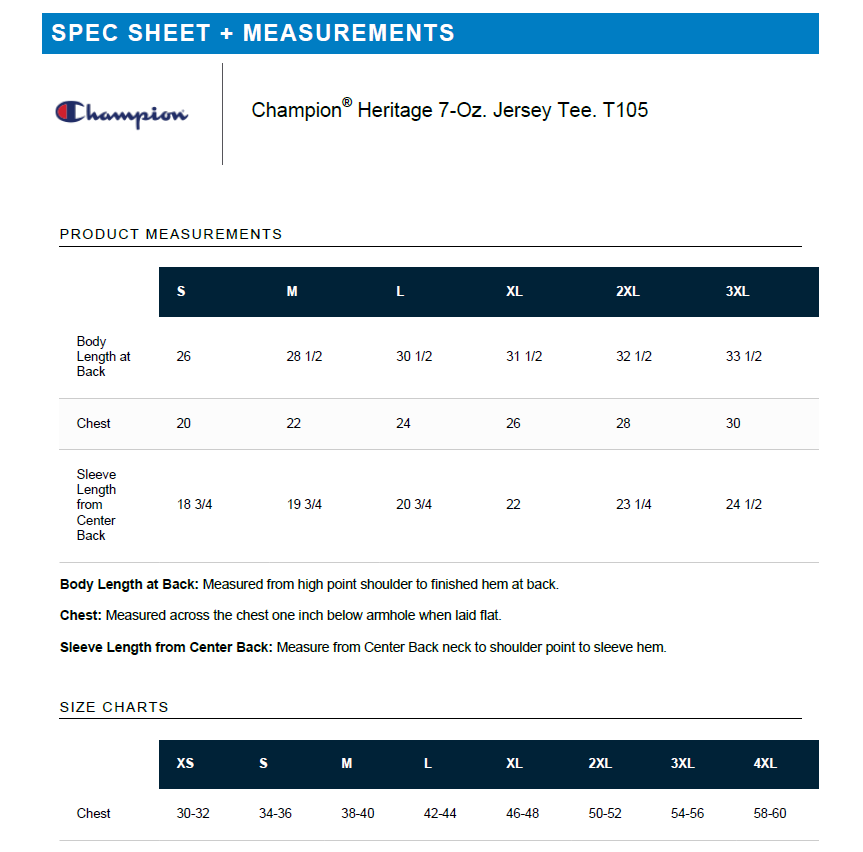 Champion jersey tee size chart with measurements