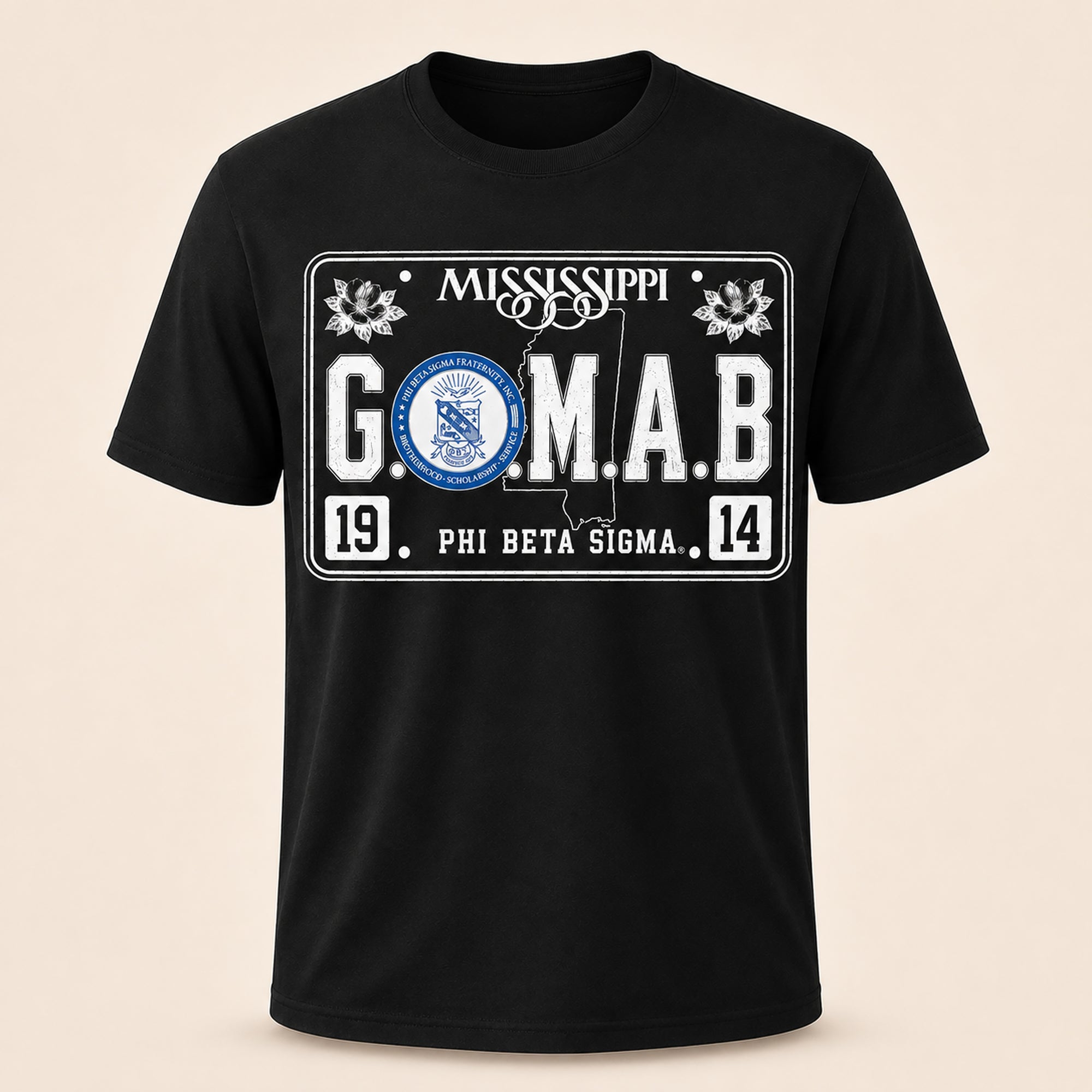 Black T-shirt with white rectangular G.O.M.A.B. Phi Beta Sigma Mississippi graphic