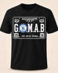 Black T-shirt with white rectangular G.O.M.A.B. Phi Beta Sigma Mississippi graphic