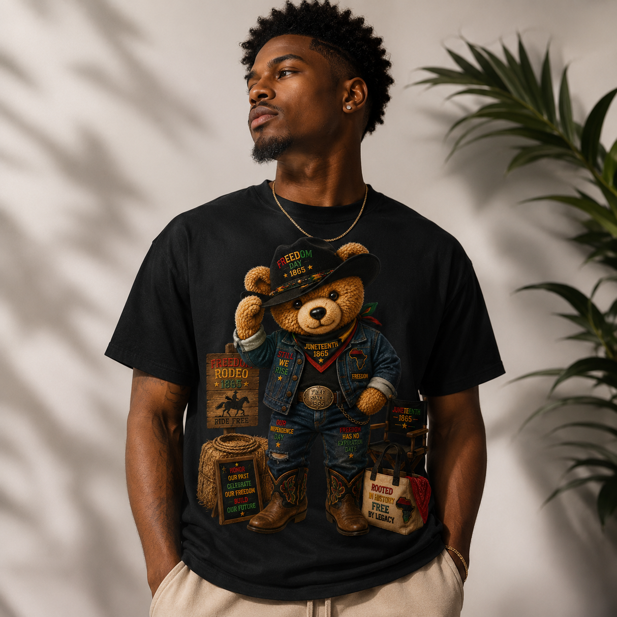 Black T-shirt with teddy bear graphic wearing a denim jacket and patch-style Juneteenth artwork
