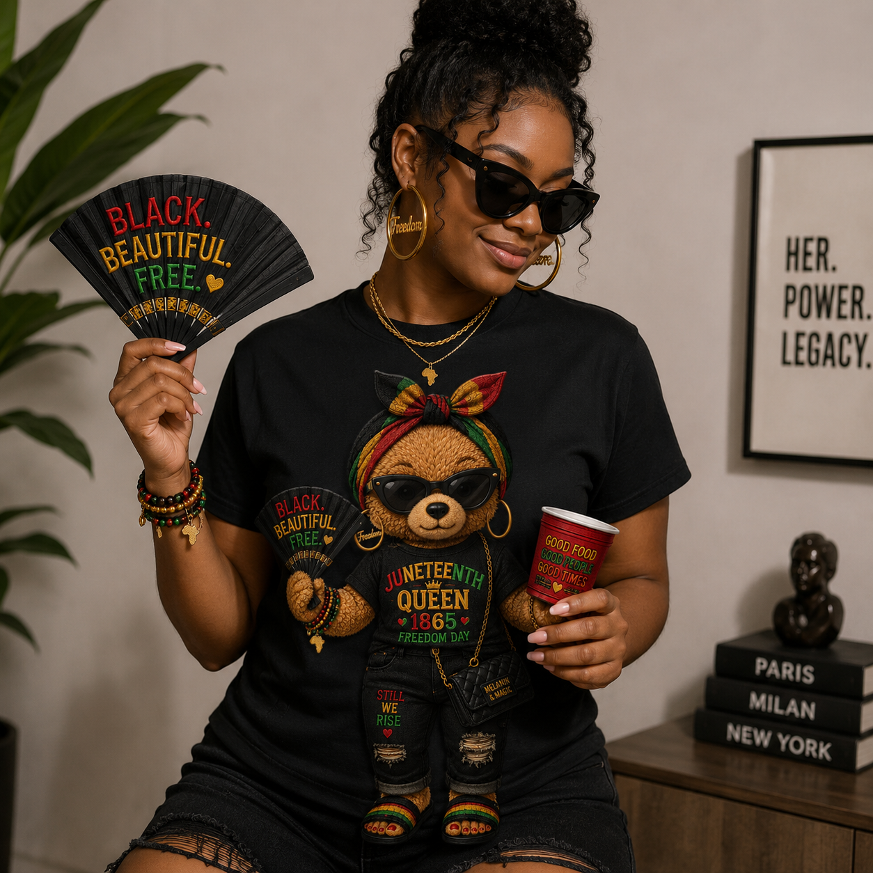 Black T-shirt with teddy bear graphic wearing a cap, bow tie, and colorful Juneteenth designs