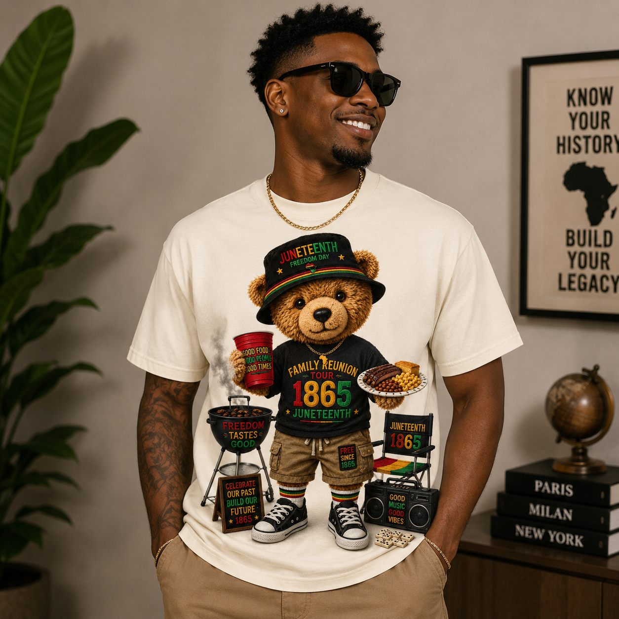 White T-shirt with teddy bear graphic holding a plate, surrounded by Juneteenth 1865 patches