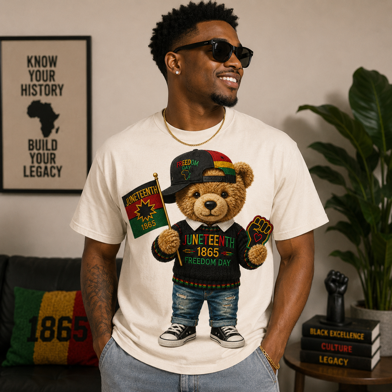 White T-shirt with teddy bear graphic wearing a Juneteenth 1865 hat and sneakers