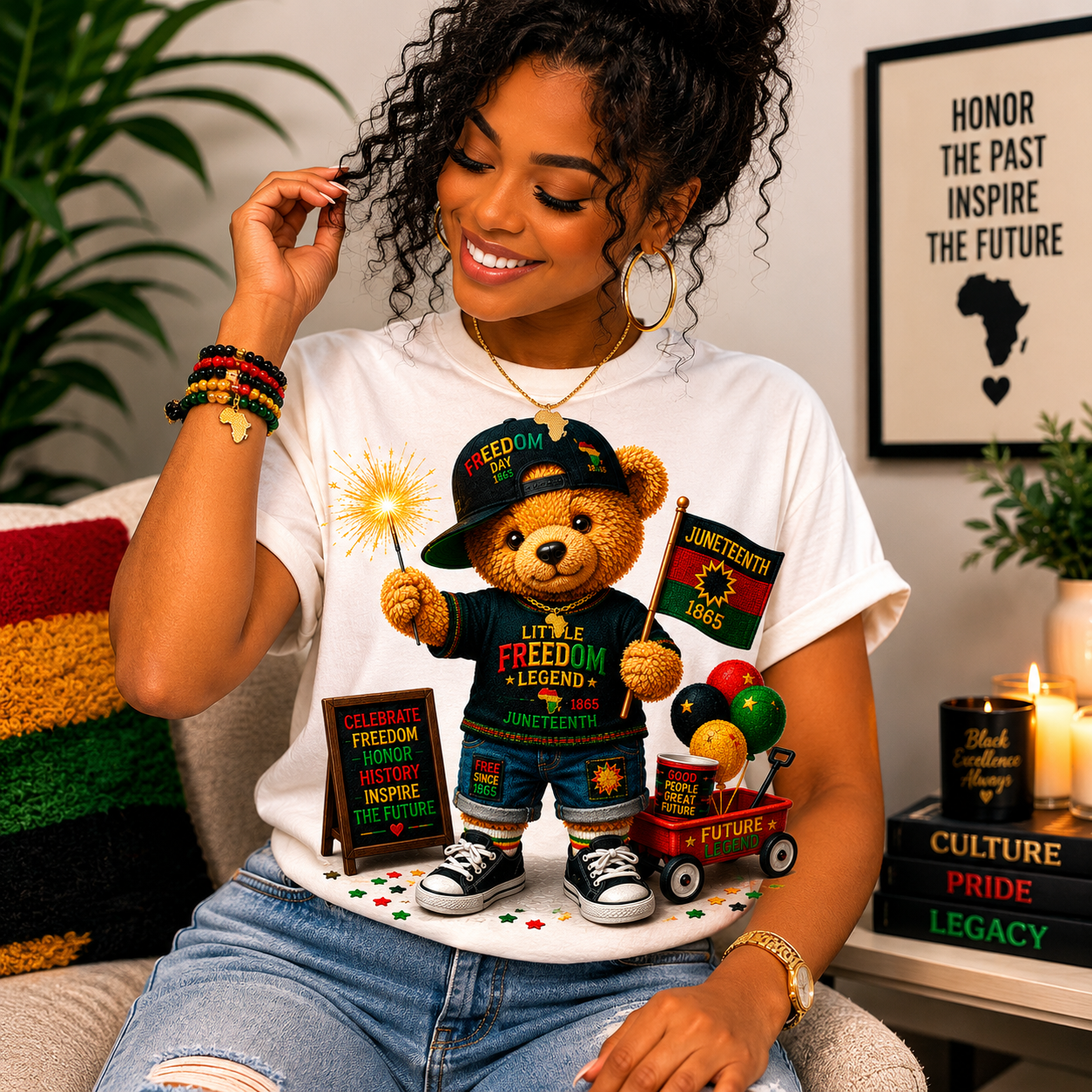 White T-shirt with teddy bear graphic in a cap, holding a ball and showing Juneteenth badges