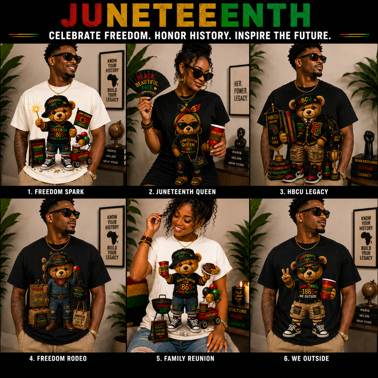 Juneteenth bear graphic t-shirt collection collage showing multiple shirt designs