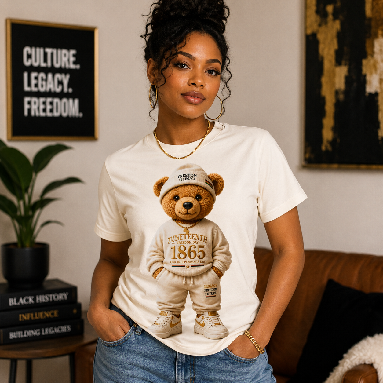 White T-shirt with teddy bear graphic wearing a hoodie with Juneteenth 1865 emblem