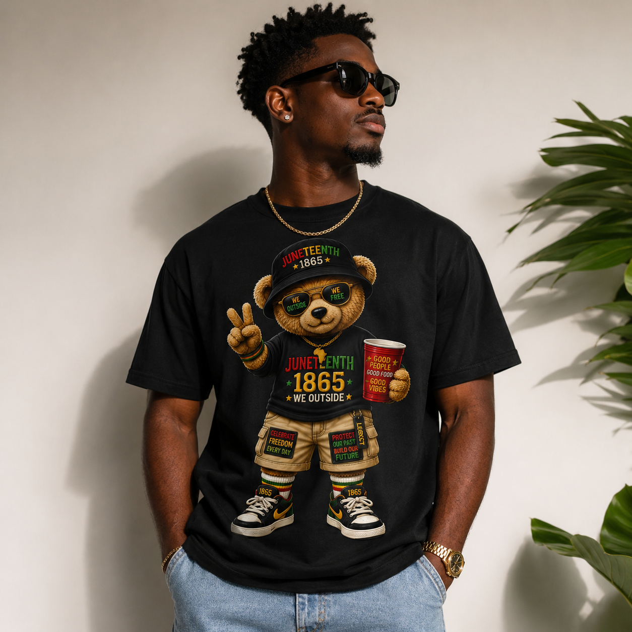 Black T-shirt with teddy bear graphic holding a red cup and wearing a Juneteenth 1865 cap