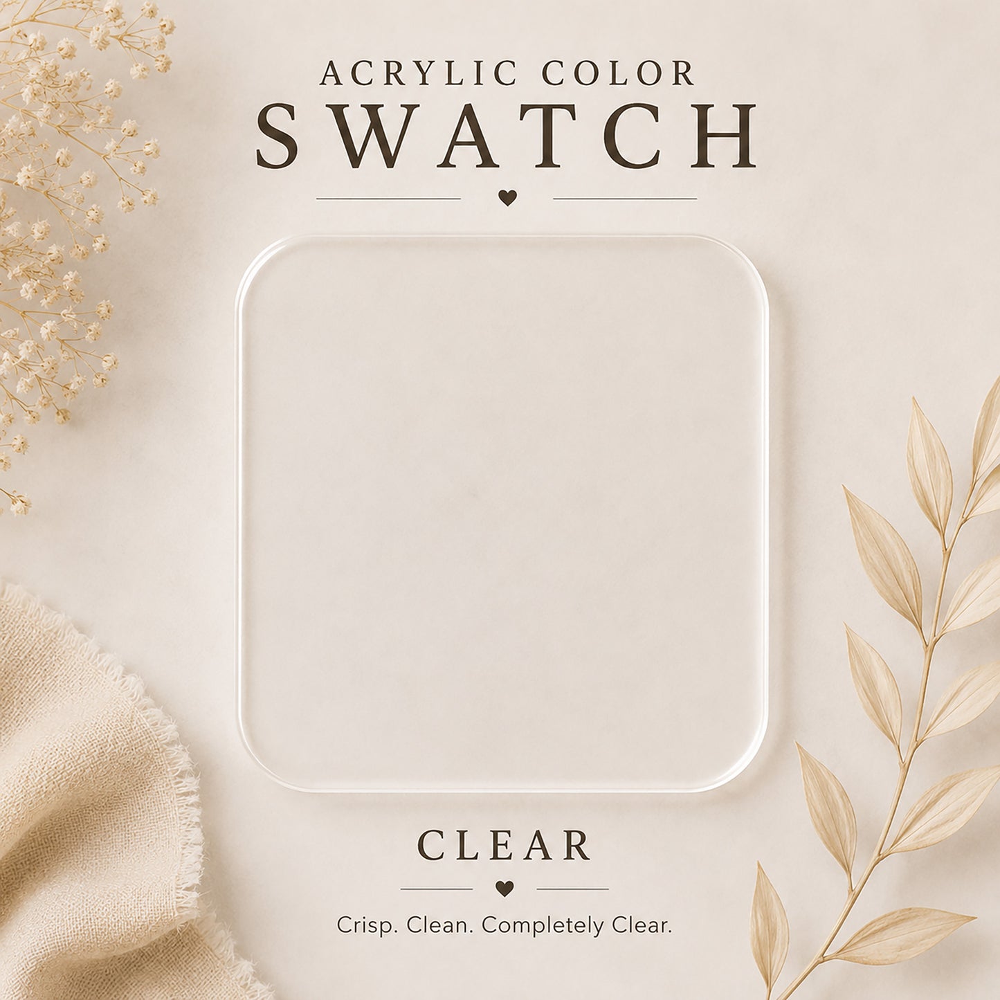 Clear acrylic color swatch on a neutral background with decorative elements