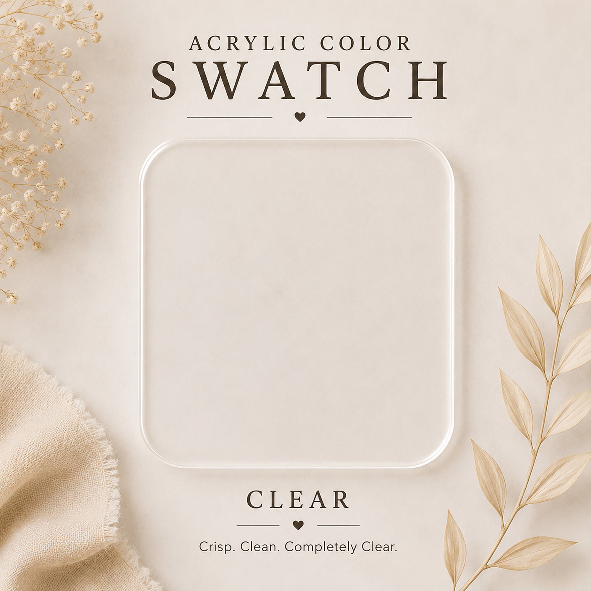 Clear acrylic color swatch on a neutral background with decorative elements