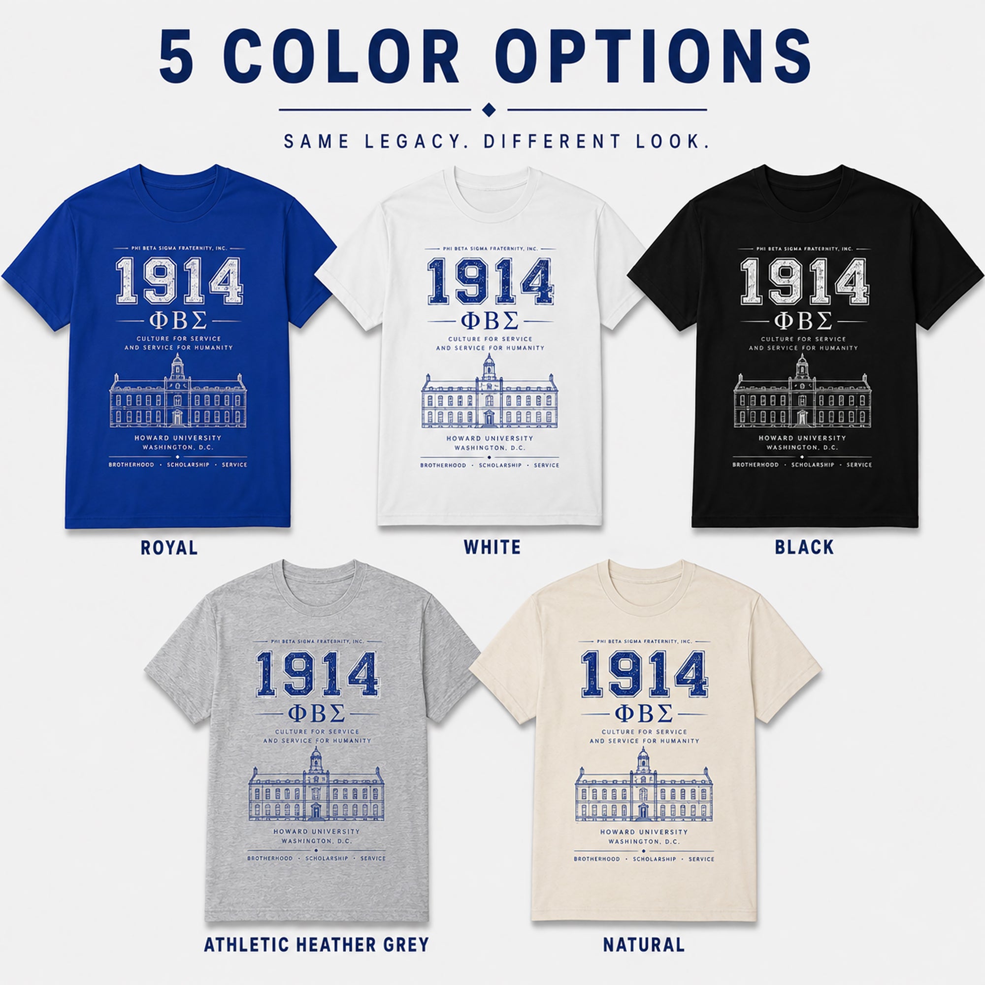 Phi Beta Sigma 1914 t-shirt available in royal blue, white, black, athletic heather gray, and natural