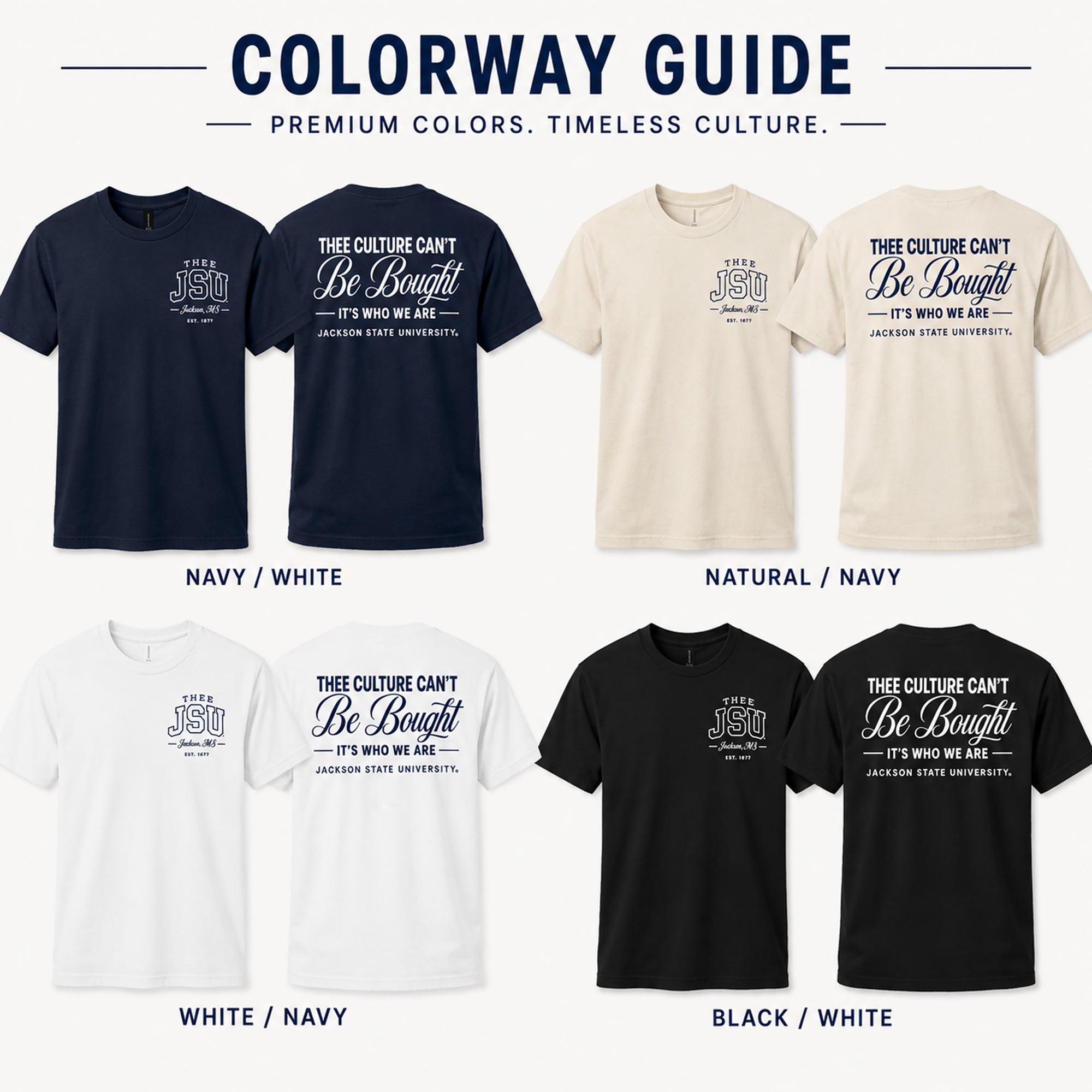 Colorway guide for Jackson State University t-shirts in various colors.
