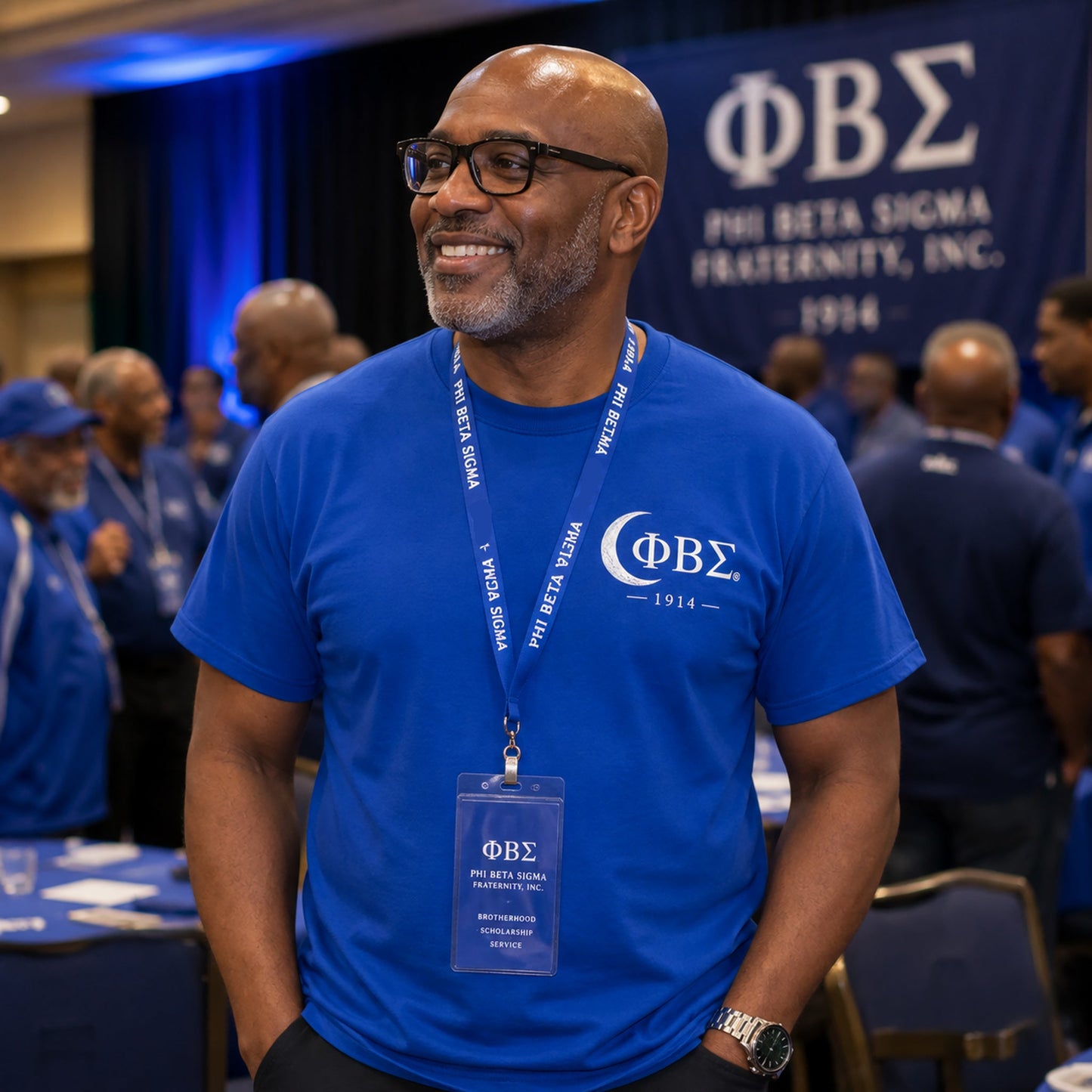 Phi Beta Sigma brother attending fraternity conclave wearing royal blue 1914 shirt