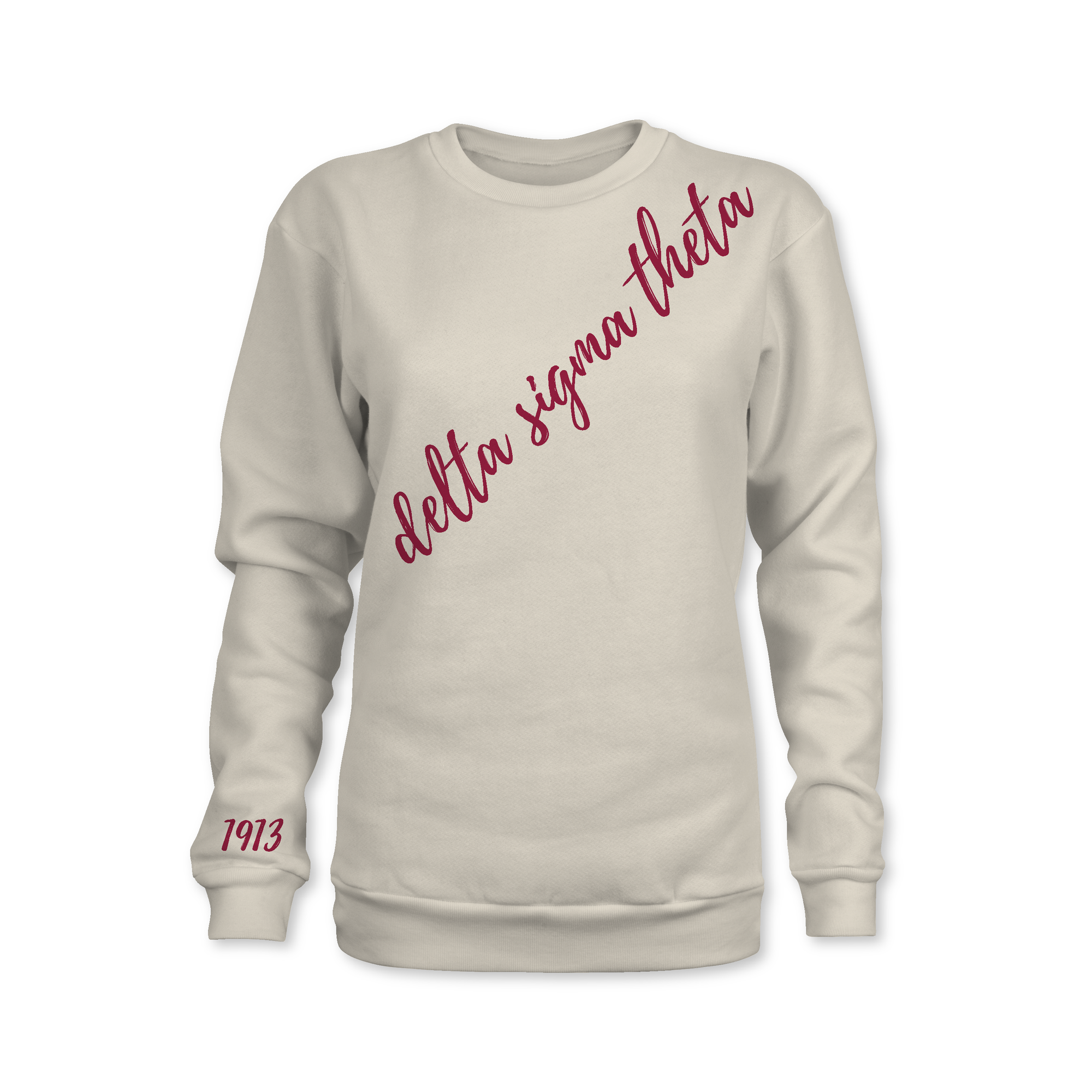 Beige sweatshirt with 'delta sigma theta' and '1913' printed in red on a white background