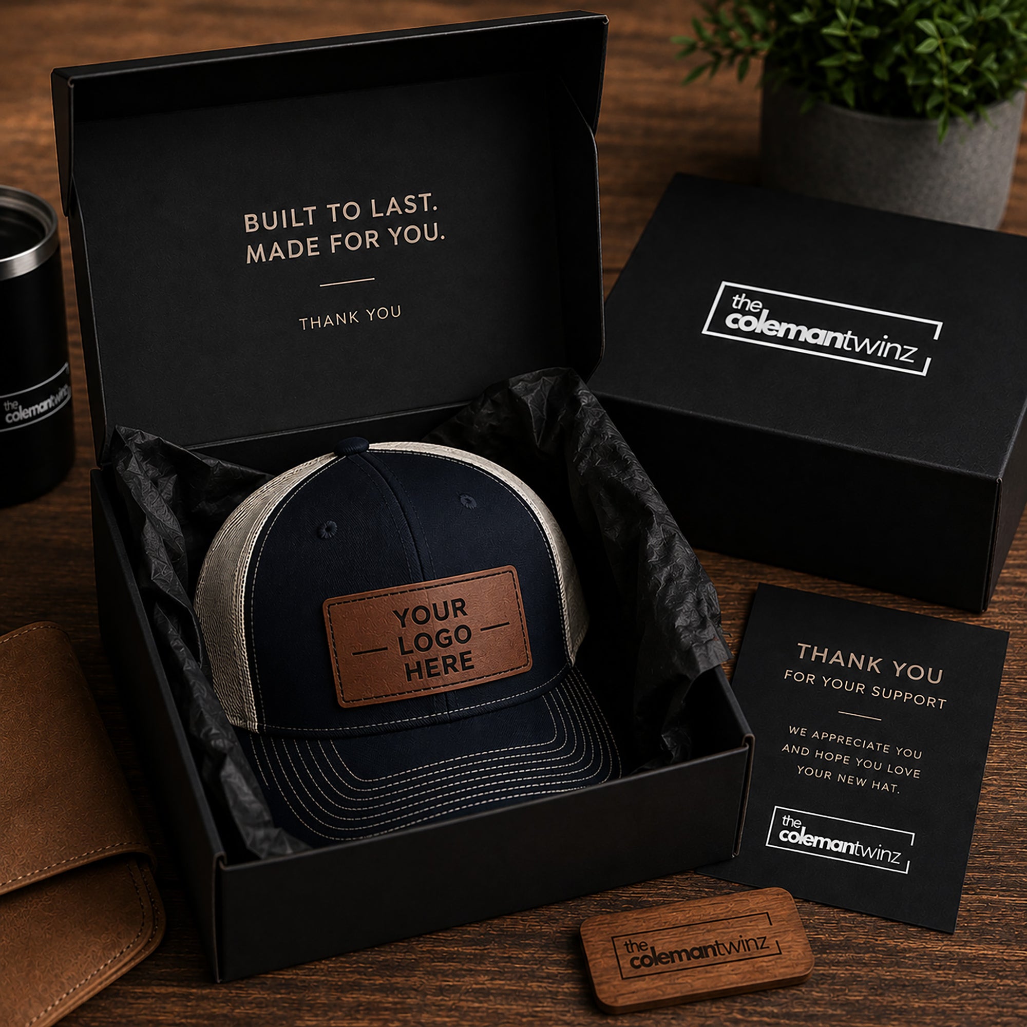Navy blue cap with leather patch in a black box, surrounded by 'coleman winz' branded items on a wooden surface.