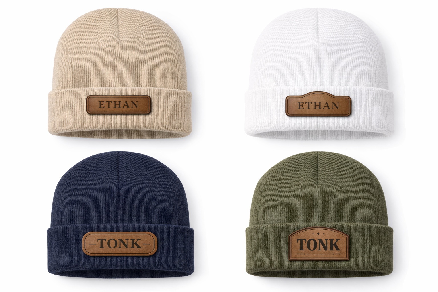 Four beanies in beige, white, blue, and green with branded patches on a white background