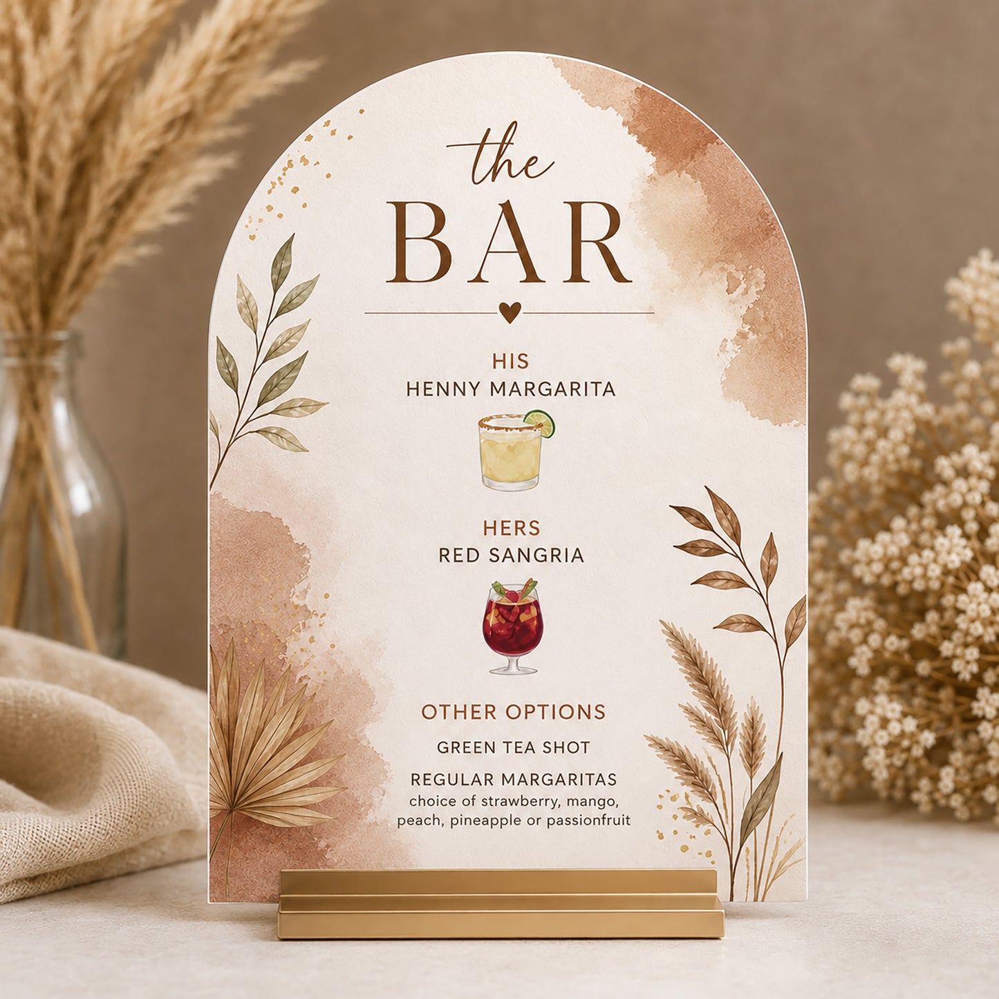 Decorative boho watercolor bar menu with drink options on a matte ivory acrylic background