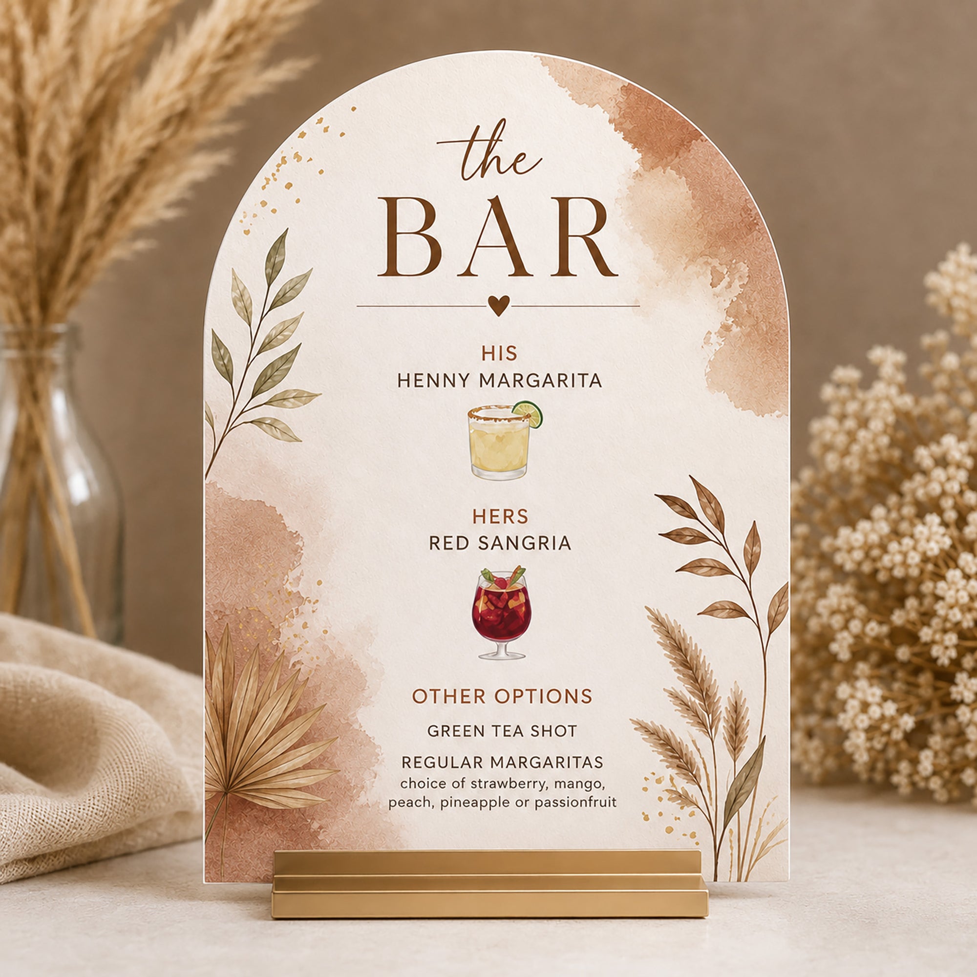 Decorative boho watercolor bar menu with drink options on a matte ivory acrylic background