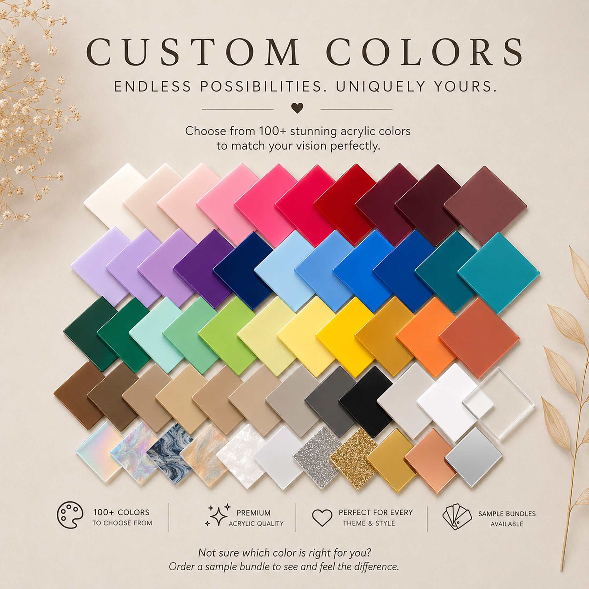 Collection of colorful acrylic color samples with text about custom colors and endless possibilities.