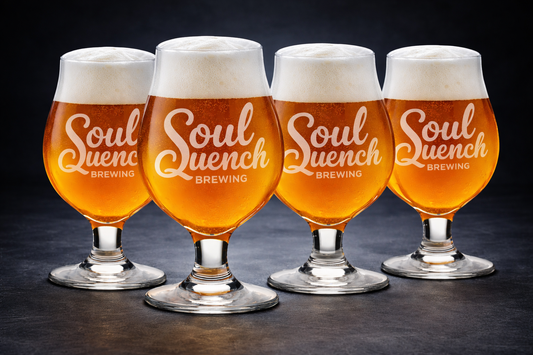 Custom Laser Engraved Beer Glass Sets for Soul Quench Brewery | Pint and Belgian Beer Glassware