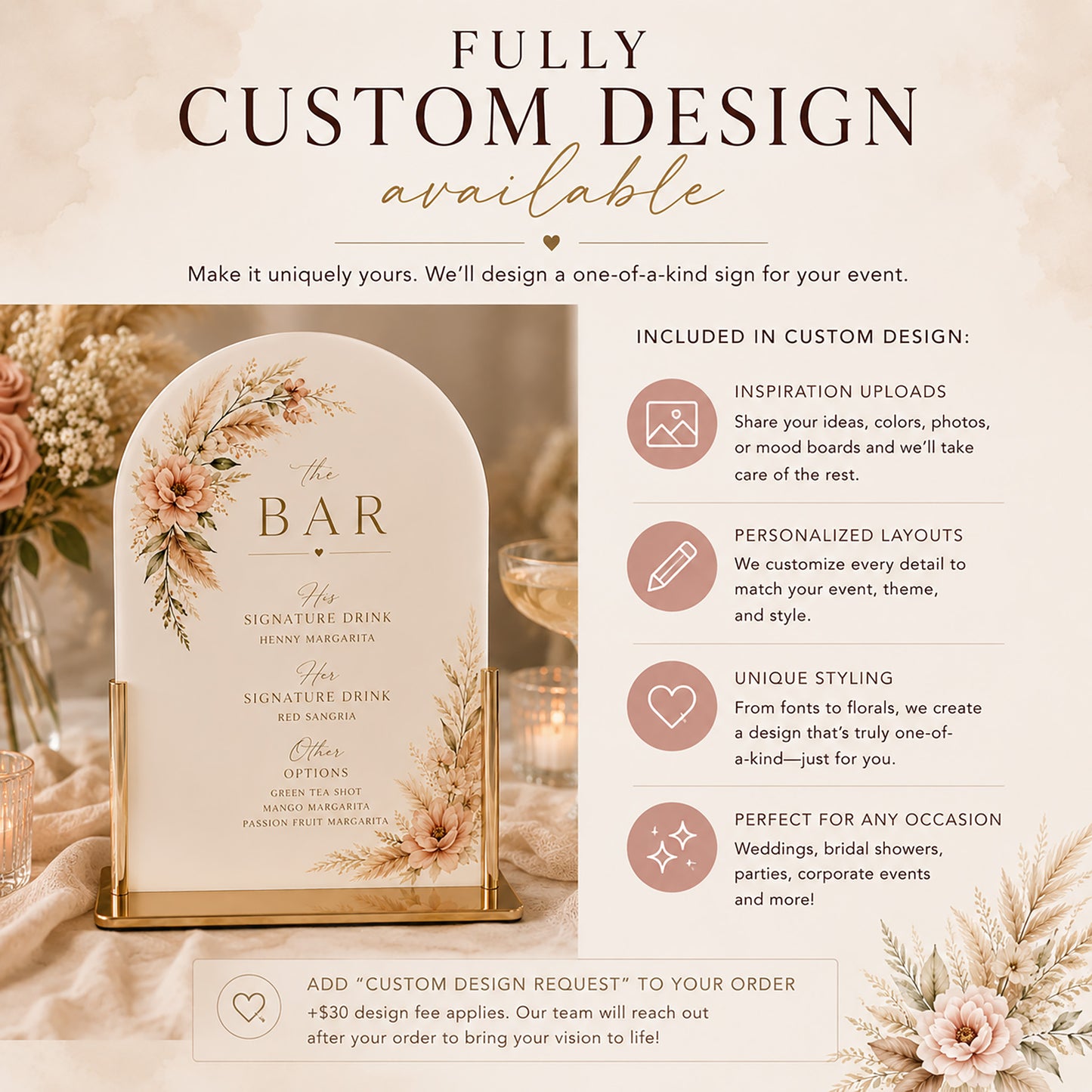 Decorative sign with floral design and text, surrounded by flowers and candles, with promotional text about custom design services.