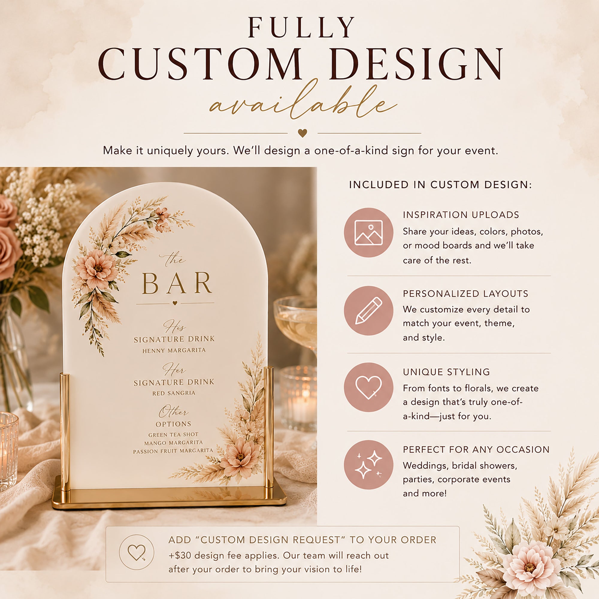 Decorative sign with floral design and text, surrounded by flowers and candles, with promotional text about custom design services.