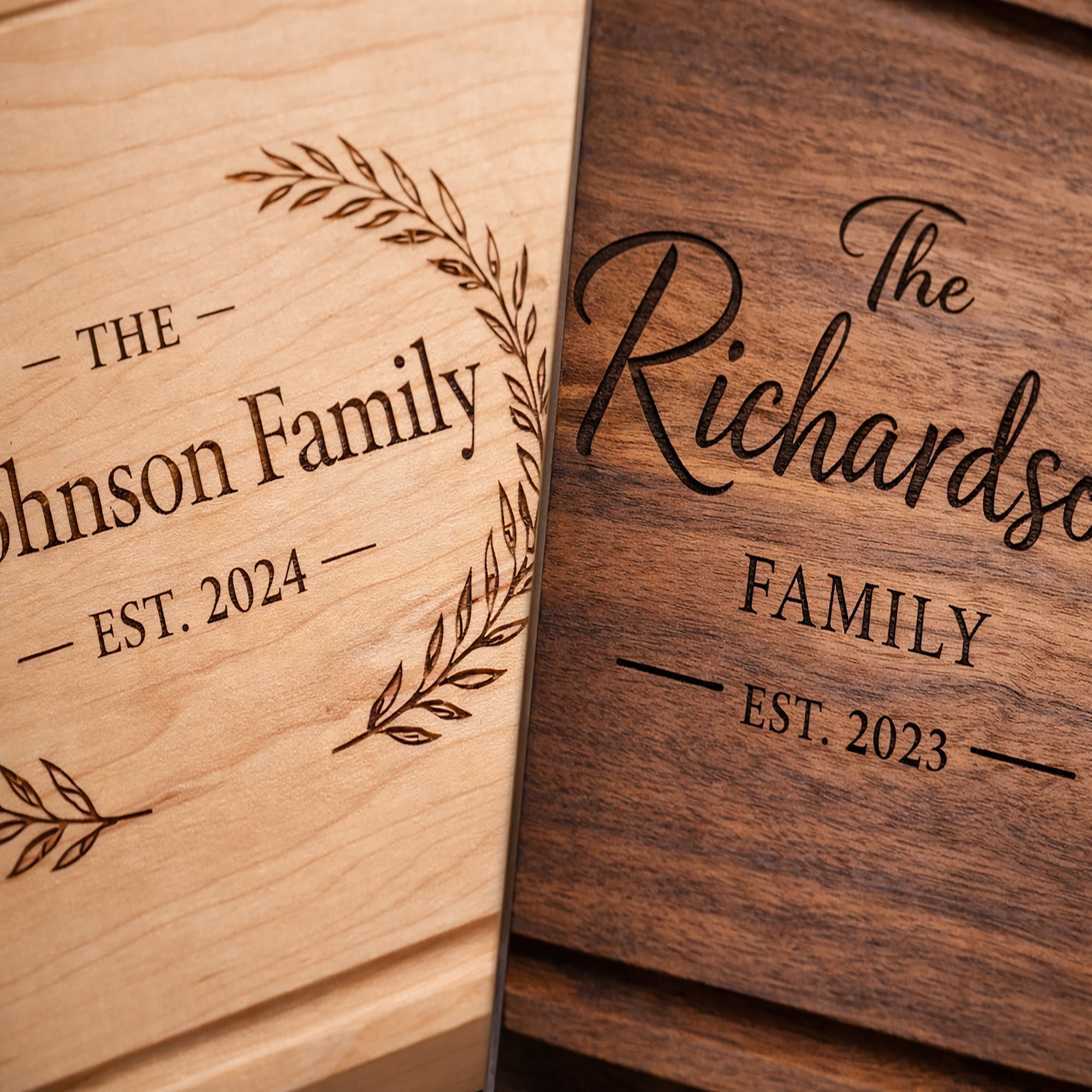 Two wooden plaques with engraved family names and establishment years.