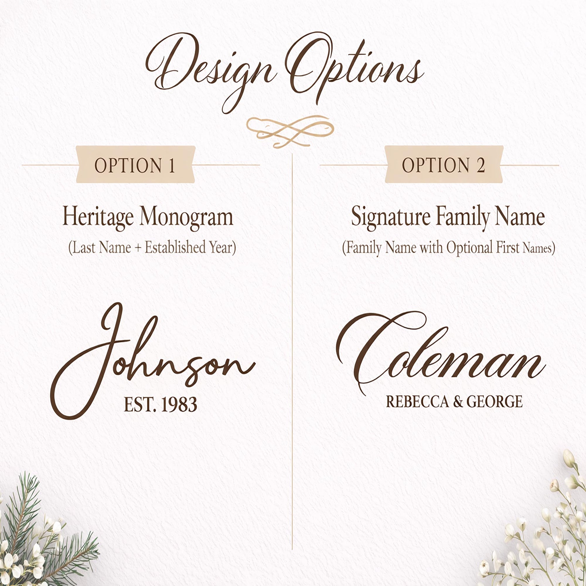 Design options for monogram and family name display with decorative elements on a white background.