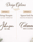 Design options for monogram and family name display with decorative elements on a white background.