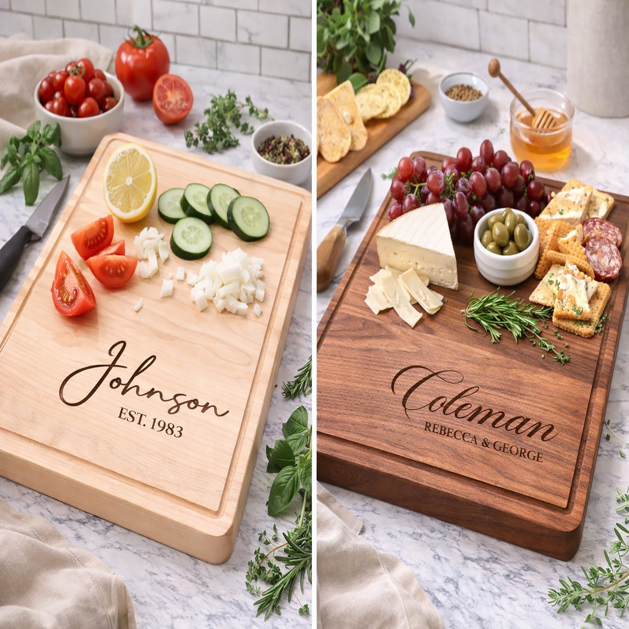 Two wooden cutting boards with engraved names and food items on a marble surface.
