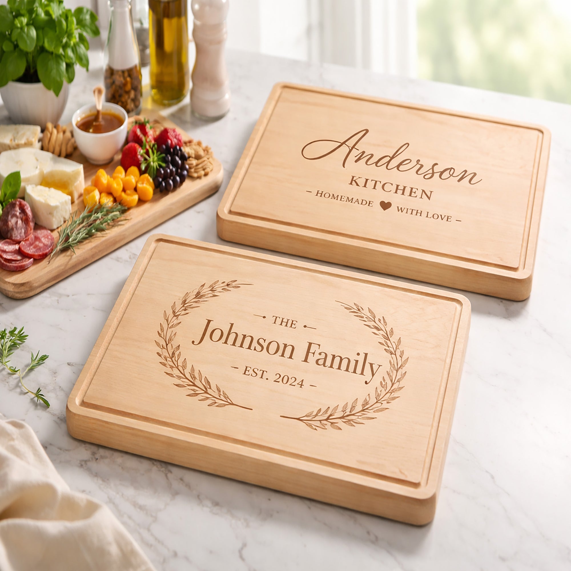 Two personalized wooden cutting boards on a kitchen counter with food items.