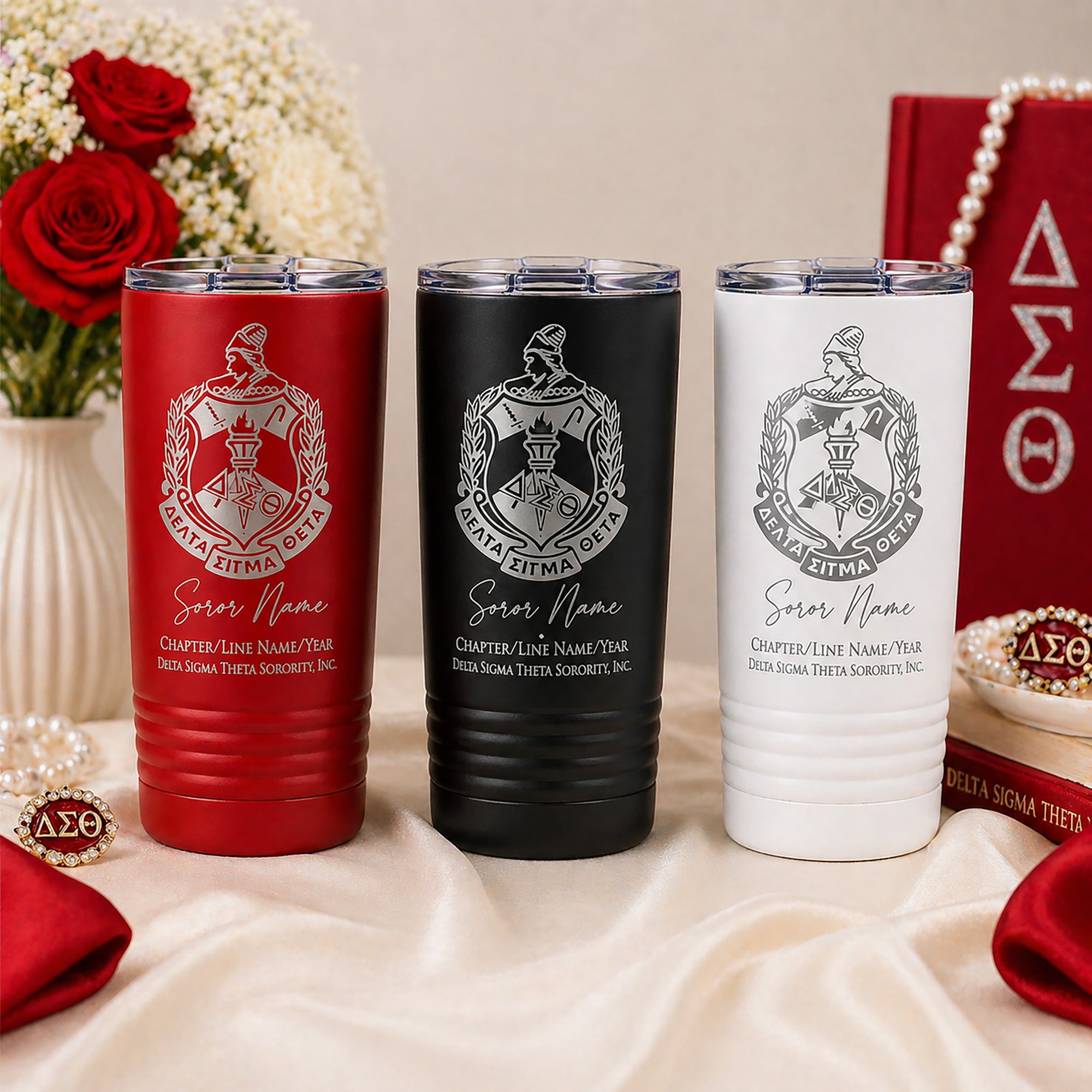 Three tumblers in red, black, and white with sorority symbols on a decorative background.