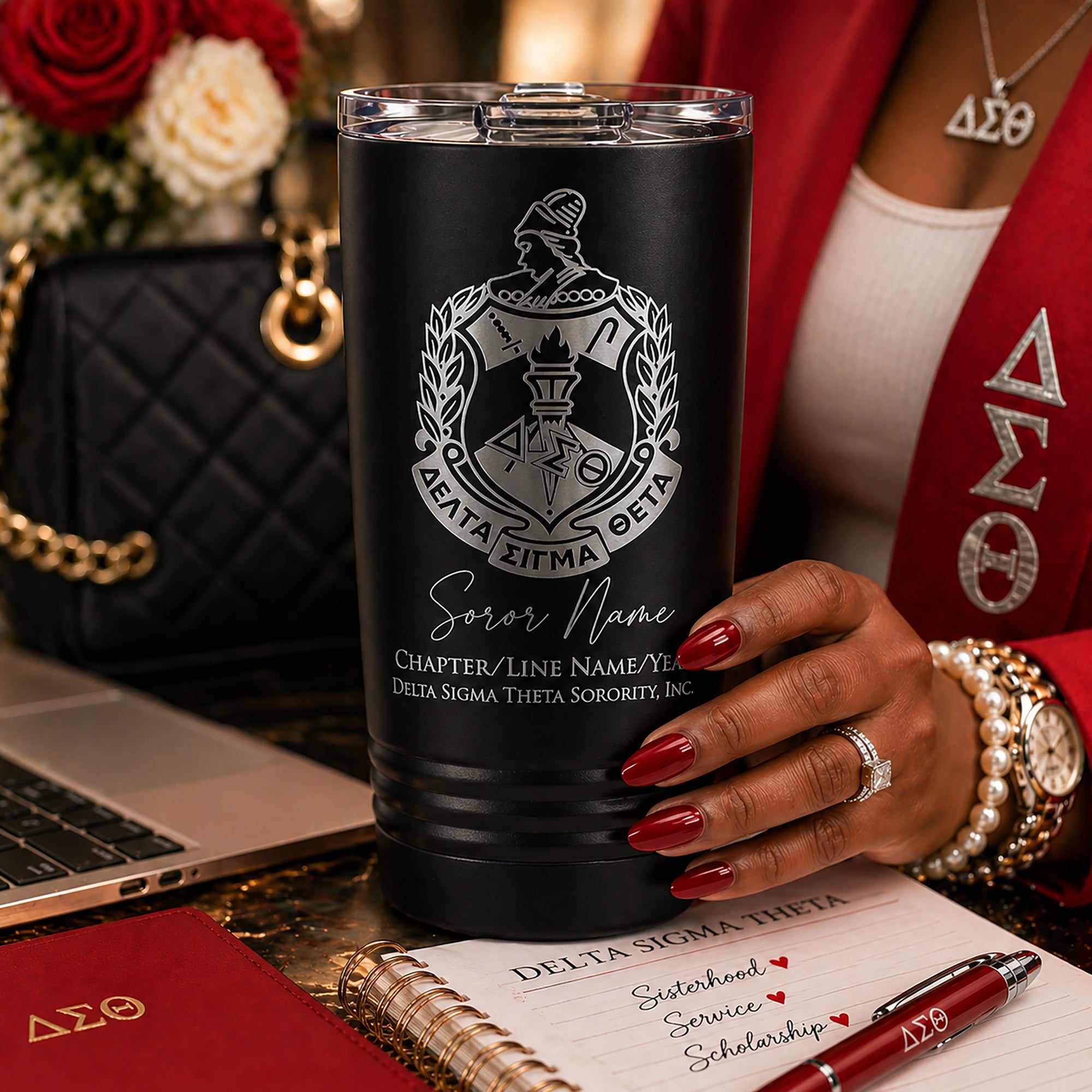 Black tumbler with Delta Sigma Theta sorority logo held by a hand, with laptop and notebook in background.