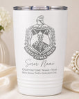 White tumbler with Delta Sigma Theta sorority emblem and personalized text on a neutral background.