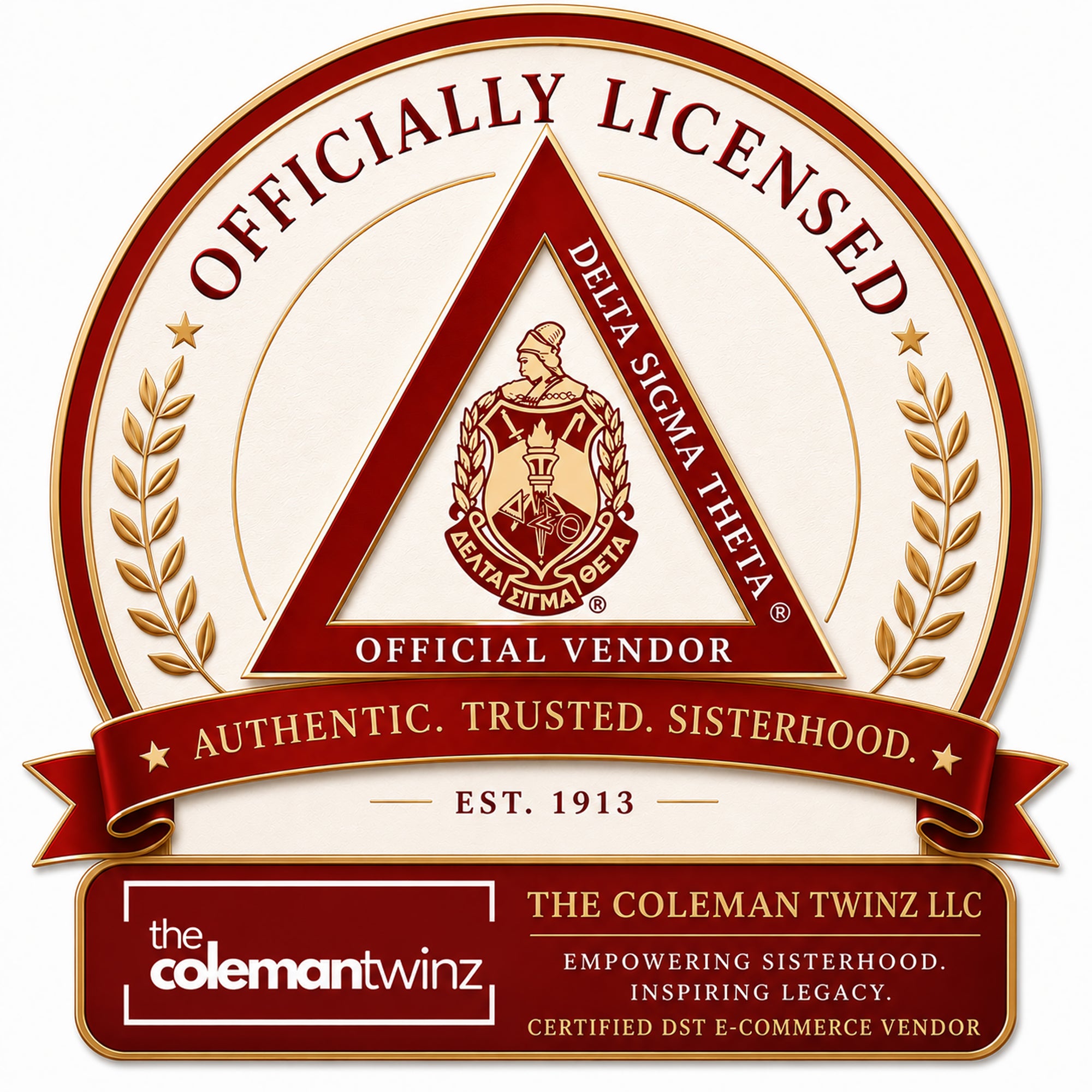 Officially licensed Delta Sigma Theta vendor badge with branding for The Coleman Twinz LLC.
