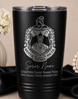 Black tumbler with Delta Sigma Theta Sorority, Inc. emblem and text on a neutral background