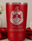 Red tumbler with white logo and text on a neutral background